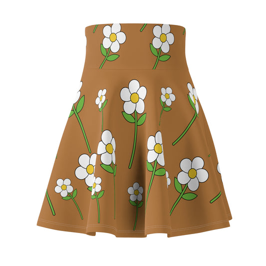 Daisy Flower Floral Flare Skater Skirt | LIGHT BROWN
