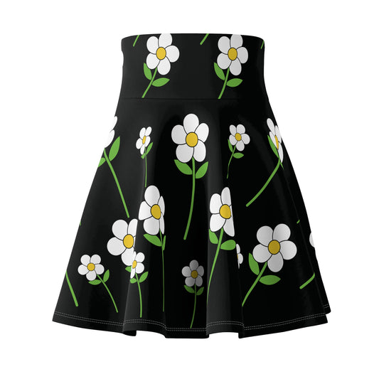 Daisy Flower Floral Flare Skater Skirt | BLACK