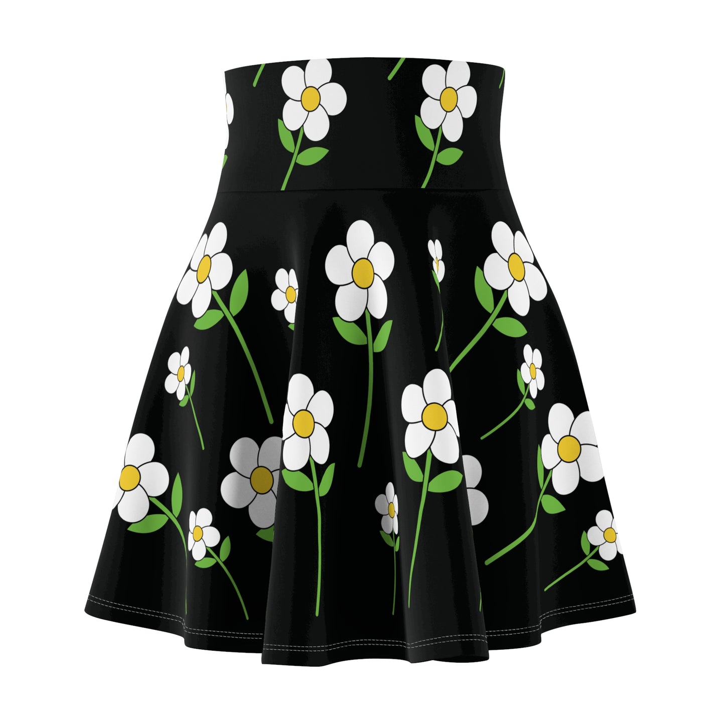 Daisy Flower Floral Flare Skater Skirt | BLACK