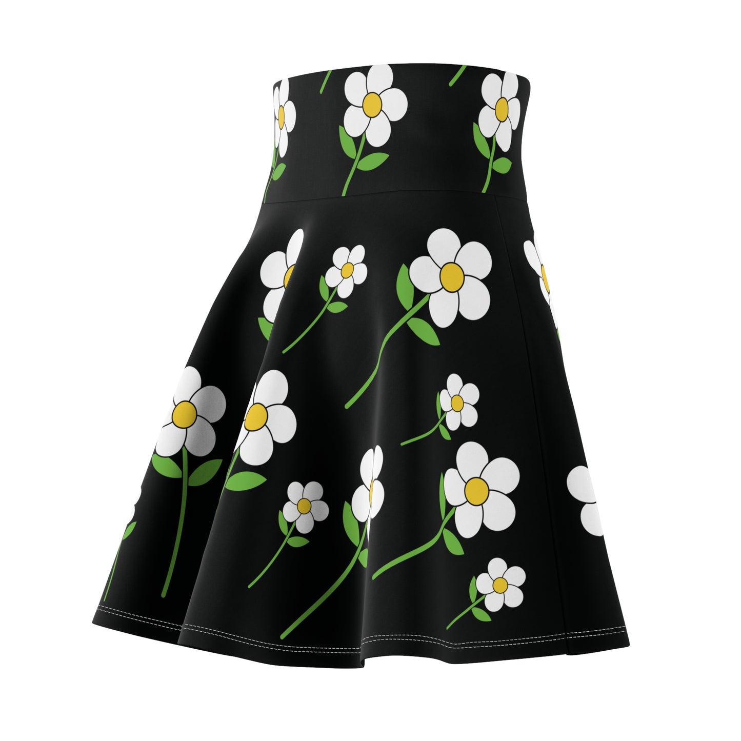 Daisy Flower Floral Flare Skater Skirt | BLACK