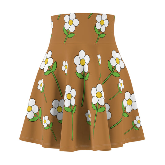 Daisy Flower Floral Flare Skater Skirt | LIGHT BROWN