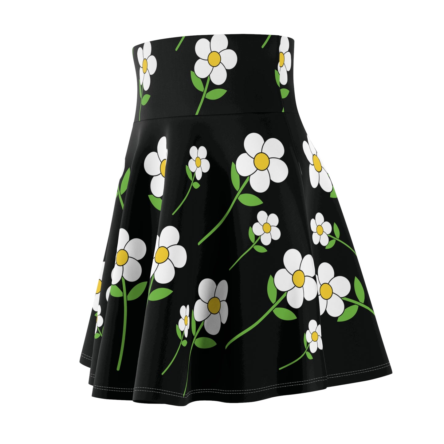 Daisy Flower Floral Flare Skater Skirt | BLACK